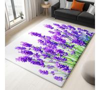3D Soft Flannel Mat Rug Watercolour Lavender Flowers 160 x 230 cm Non Slip Area Rug, For Living Room Bedroom Kids Room, White Easy Clean Washable Carpet Mat