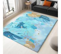 3D Soft Flannel Mat Rug Watercolour Monstera 140 x 200 cm Non Slip Area Rug, For Living Room Bedroom Kids Room, Teal Easy Clean Washable Carpet Mat
