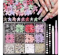 3D Soft Hibiscus Flowers Nail Charms, Color Summer Lily Flower Designs for Nails, Flower Petals Nail Charms, Silver Gold Caviar Beads Pearls Nail Gems and Charms for Nail Art Design DIY Supplies