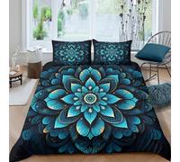 3D Soft Microfiber BlueFlowerArt Duvet Cover Easy Care Bedding Set w/ Pillowcase OrnamentalMandalaStyle Bed Quilt Cover All Season Breathable Machine Washable for Kids Teens Adults Single（140x200cm）