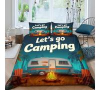 3D Soft Microfiber Campfire Night Duvet Cover All Season Bedding Set with Pillow Shams Retro Trailer Style Bedding Quilt Cover Easy Care Machine Washable for Kids Teens Boys Girls Single（140x200cm）