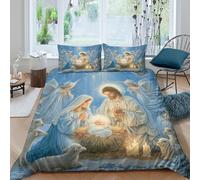 3D Soft Microfiber Christmas scene Comforter Cover All Season Bedding Sets with Matching Pillowcase religious nativity style Quilt Cover Easy Care, Washable for Boys Girls Kids Single（140x200cm）
