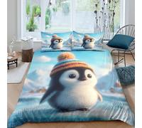 3D Soft Microfiber Cute penguin Comforter Cover All Season Bedding Sets with Matching Pillowcase Cartoon winter scene Quilt Cover Easy Care Machine Washable for Kids Boys Girls Single（135x200cm）