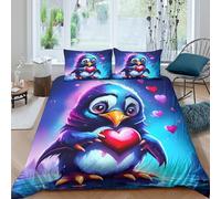 3D Soft Microfiber cute penguin heart Quilt Cover Set Breathable Bedding Set w/ Pillowcase cartoon love style Bedding Quilt Cover Easy Care All Season Washable for Bedroom Decor King（220x240cm）