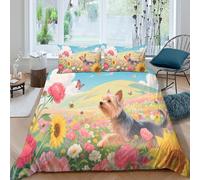 3D Soft Microfiber Cute Yorkshire Terrier Comforter Cover Set Breathable Bedding Set w/Pillowcase Floral Garden art Duvet Cover All Season Machine Washable for Teens Adults Double（200x200cm）