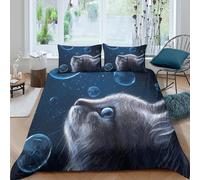 3D Soft Microfiber Gray cat gazing Bedding Quilt Cover Breathable Bedding Set w/ Pillowcase fantasy space bubbles Duvet Cover All Season Machine Washable for Kids Teens Adults Double（200x200cm）