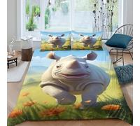 3D Soft Microfiber Happy rhino Quilt Cover Set Breathable Bedding Set w/ Pillowcase Cartoon animal illustration Bedding Quilt Cover Easy Care All Season Washable Bedroom Decor Super king（260x220cm）