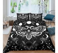 3D Soft Microfiber Moth with skull Comforter Cover Set Breathable Bedding Set w/ Pillowcase Black and white mystical Duvet Cover All Season Machine Washable for Teens Adults Super king（260x220cm）