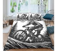 3D Soft Microfiber MountainBikeRider Duvet Cover Easy Care Bedding Set w/ Pillowcase BlackWhiteArtStyle Bed Quilt Cover All Season Breathable Machine Washable for Kids Teens Adults Single（140x200cm）