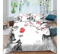 3D Soft Microfiber Red sun rising Duvet Cover All Season Bedding Set with Pillow Shams East Asian ink painting Bedding Quilt Cover Easy Care, Washable for Kids Teens Boys Girls Super king（260x220cm）