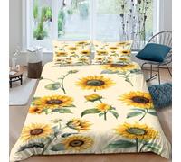 3D Soft Microfiber Sunflower botanical Comforter Cover All Season Bedding Sets with Matching Pillowcase Watercolor floral Quilt Cover Easy Care Machine Washable for Kids Boys Girls Single（140x200cm）