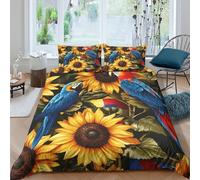 3D Soft Microfiber Sunflower parrot Comforter Cover All Season Bedding Sets with Matching Pillowcase Tropical bird Quilt Cover Easy Care Machine Washable for Kids Boys Girls Super king（260x220cm）