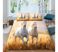 3D Soft Microfiber White horses galloping Comforter Cover All Season Bedding Sets with Matching Pillowcase Wild nature scene Quilt Cover Easy Care, Washable for Kids Boys Girls Double（200x200cm）