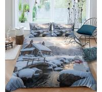 3D Soft Microfiber Winter Cabin Quilt Cover Sets Breathable Bedding Set w/ Pillowcase Cozy Snow-Covered Bedding Quilt Cover Easy Care All Season Machine Washable for Bedroom Decor King（220x240cm）