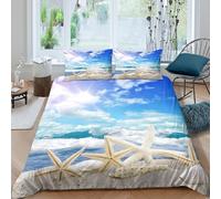 3D Soft Microfibre Beach Starfish Scene Comforter Cover All Season Bedding Set with Pillow Cases Coastal Summer Quilt Cover Set Easy Care Skin-Friendly Washable for Bedroom Decor Single（135x200cm）