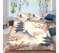 3D Soft Microfibre cherry blossoms Comforter Cover All Season Bedding Set with Pillow Cases Japanese temple art Quilt Cover Set Easy Care Skin-Friendly Washable for Bedroom Decor Double（200x200cm）