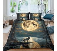 3D Soft Microfibre FullMoonNight Comforter Cover Breathable Bedding Sets with Pillowcases WildWolfArtStyle Quilt Cover All Season Easy Care Machine Washable for Bedroom Decor Super king（260x220cm）