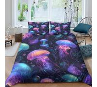 3D Soft Microfibre neon jellyfish Bedding Quilt Cover Breathable Bedding Set with Pillow Cases vibrant digital art Comforter Cover Set All Season for Boys Girls Kids Single（135x200cm）