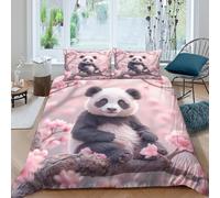 3D Soft Microfibre Panda cub sitting Duvet Cover Sets Breathable Bedding Set with Pillow Cases Cherry blossom scene Comforter Cover All Season Machine Washable for Men Women Kids Single（140x200cm）