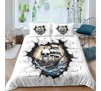 3D Soft Microfibre Pirate ship Bedding Quilt Cover All Season Bedding Set with Pillow Cases Gothic tattoo style Duvet Cover Sets All Season Easy Care Machine Washable for Couples Single（135x200cm）