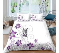 3D Soft Microfibre PurpleFlowers Quilt Cover Easy Care Bedding Sets with Pillowcases VintageOrnamentalDesign Duvet Cover All Season Breathable Machine Washable for Men Women Kids Single（135x200cm）
