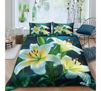 3D Soft Microfibre White lily flowers Quilt Cover All Season Bedding Set w/Pillow Cases Botanical garden art Comforter Cover All Season Easy Care for Men Women Kids Double（200x200cm）