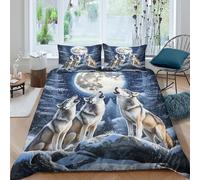 3D Soft Microfibre Wolf howling Comforter Cover All Season Bedding Set with Pillow Cases Winter forest scene Quilt Cover Set Easy Care Skin-Friendly Washable for Bedroom Decor Single（135x200cm）