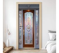 3D Stained Glass Door Sticker, European Flowers Texture Mural, Art Nouveau Wallpaper Self-Adhesive Removable PVC Door Decal for Bedroom Living Room Home Decor Wall Murals 90x200 cm W6s170