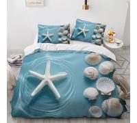 3D Starfish Seashell Single Duvet Cover Set Water Drop Blue Single Bedding Sets Warm Comfort Microfiber Quilt Cover 135x200 cm with 2 Pillowcases for Boys Girls Bedroom D-319