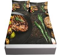 3D Steak Double Fitted Sheet Fast Food Fitted Sheets Deep Pocket 30 cm Soft Bed Sheets Microfiber Bedding 120x190 cm with 2 Pillowcases for kids and aldults XCW1580