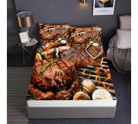 3D Steak Single Fitted Sheet Fast Food Fitted Sheets Deep Pocket 30 cm Soft Bed Sheets Microfiber Bedding 90x190 cm with 2 Pillowcases for kids and aldults XCW1585