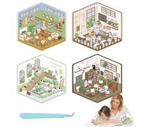 3D Sticker Scene, 4 Set DIY 3D House Stickers, Café|izakaya| Botanical Garden|Detective Agency, 3D House Sticker Set with Tweezers for Relief Stress Pass The Time
