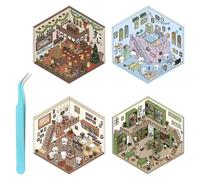 3D Sticker Scene,4Pcs 3D Stickers,3D House Stickers with 1 Tweezer,Sticker Therapy for Coffee Shops|Sushi Restaurants|Bookstores|Homes,3D House Sticker Set for Adult Kids Relief Stress Pass The Time