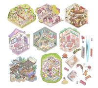 3D Sticker Scene, 8 Sets Stickers Therapy Kit, 3D House Cartoon Sticking Set Funny Cartoon Scene Stick with Tweezers Magic Classroom Animal Convenience Store Wedding Dress Shop and Other Scenes