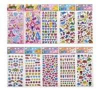 3D Stickers for Kids,10 Sheets Puffy Stickers Party Bag Fillers for Children Teacher Rewarding Gifts Bubbles Sticker Scrapbooking,Included Animals Dinosaur Umbrella Star Mermaid Princess Heart Letters