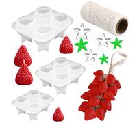 3D Strawberry Grapes Soap Mold, 3 Pcs Strawberry Silicone Scented Candle Soap Mold with 3Pcs Leaf Mold 200Ft White Cotton Rope for Soap Candle Making Gift