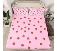 3D Strawberry Single Fitted Sheet Pink Girl Printed Bed Sheets 30 cm Deep Fitted Sheets Soft Microfiber Bedding 90x190 cm with 2 Pillowcases for kids and aldults C.L143