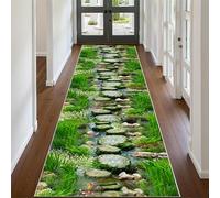 3D Stream Long Hallway Rug Runners, 60x150cm, Stream Carp Green Grass Runner Rugs, Soft Cozy Machine Washable Floor Carpet, Easy Clean Dirty Resistant Printed Mat for Study Room Office