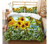 3D Sunflower Theme Single Duvet Cover Set Floral Landscape Bedding Single Bed Set Soft Breathable Microfibre Quilt Cover 135x200 with Zipper Closure and 2 Pillowcases A-6477