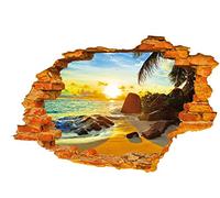 3D Sunrise Beach Sea Ocean Broken Wall Sticker Stone and Coconut Tree