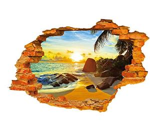 3D Sunrise Beach Sea Ocean Broken Wall Sticker Stone and Coconut Tree
