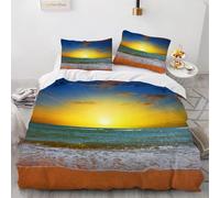 3D Sunset at the Seaside King Size Duvet Cover Sets Tropical Beaches Double Bedding Set Warm Comfort Microfiber Quilt Cover Size 220x230 cm with 2 Pillowcases 50×75 cm F-3588