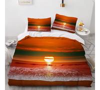 3D Sunset at the Seaside Single Duvet Cover Set Tropical Beaches Single Bedding Sets Warm Comfort Microfiber Quilt Cover 135x200 cm with 2 Pillowcases for Boys Girls Bedroom F-141