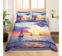 3D Sunset King Size Duvet Cover Sets Sailing Ships at Sea Double Bedding Set Warm Comfort Microfiber Quilt Cover Size 220x230 cm with 2 Pillowcases 50×75 cm D-1804
