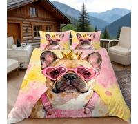 3D Super King Duvet Set 3D Printed Cute Bulldog Bedding, Cute Cartoon Soft Microfibre Duvet Cover Sets Quilt Cover and Pillow Set with Zipper 3 Pcs