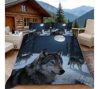 3D Super King Duvet Set 3D Printed Forest Wolf Bedding, Snowy Forest Soft Microfibre Duvet Cover Sets Quilt Cover and Pillow Set with Zipper 3 Pcs