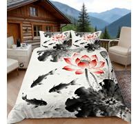 3D Super King Duvet Set 3D Printed Ink Lotus Koi Bedding, Carp Soft Microfibre Duvet Cover Sets Quilt Cover and Pillow Set with Zipper 3 Pcs