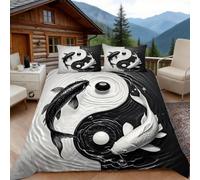 3D Super King Duvet Set 3D Printed Koi Carp Bedding, Eastern Philosophy Soft Microfibre Duvet Cover Sets Quilt Cover and Pillow Set with Zipper 3 Pcs