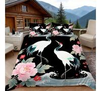 3D Super King Duvet Set 3D Printed Red-Crowned Crane & Peony Bedding, Chinese Aesthetics Soft Microfibre Duvet Cover Sets Quilt Cover and Pillow Set with Zipper 3 Pcs