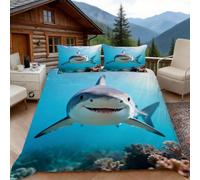 3D Super King Duvet Set 3D Printed Shark Bedding, Sea Creatures Soft Microfibre Duvet Cover Sets Quilt Cover and Pillow Set with Zipper 3 Pcs